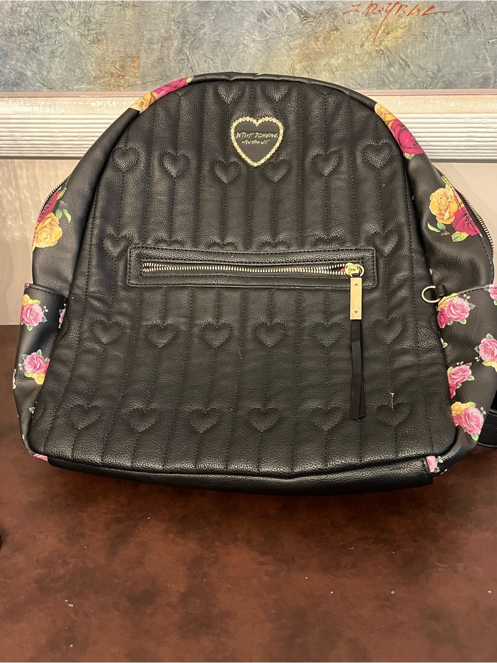 Betsey Johnson Black Quilted Heart Backpack with Floral Sides